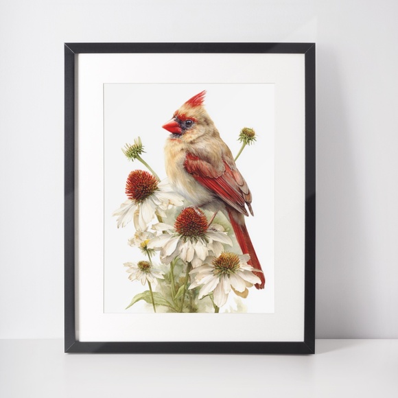 Watercolor Female Cardinal Bird with Coneflowers Wall Art Print Unframed - Picture 3 of 7